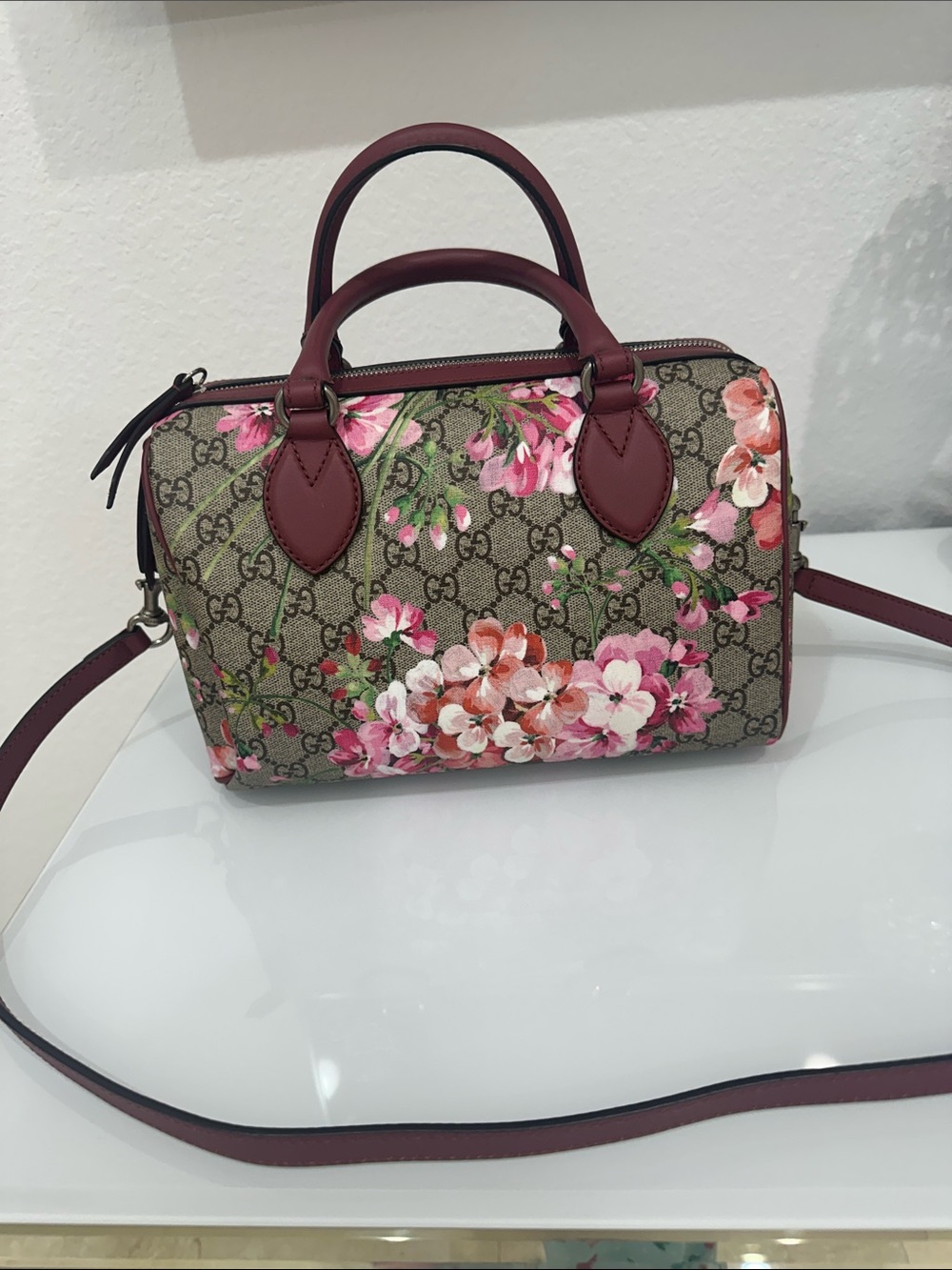 Gucci GG Supreme Floral Mini Boston Bag in Pink and Burgundy - Picture 1 of 6